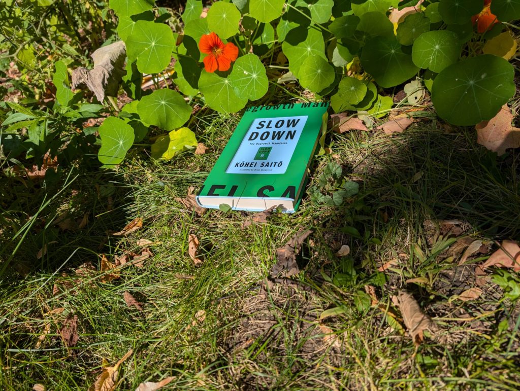 Photo of a hardcover copy of Slow Down shot from above and on a angle looking from the bottom of the book to the top. The book rests on green and brown grass and dead leaves. Above the book are bright orange Nasturtium flowers and their fan-like green leaves.
