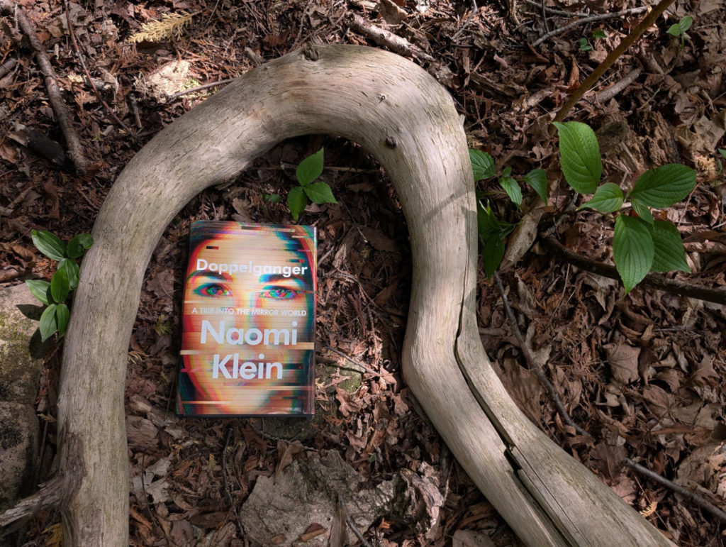 My hardcover copy of Doppelganger laying in the crook of an old branch with the bark so worn away it is practically ivory in colour. The branch splits a bit. The book is on the ground of a forest and there are a few seedlings sprouting around it.